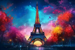 Eiffel la tour dans néon style sur le Contexte de le nuit ciel, Eiffel la tour à nuit dans Paris, France. ai généré pro photo