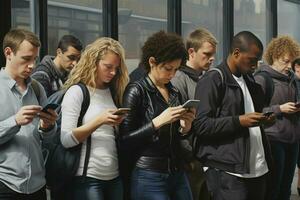 groupe de Jeune gens en utilisant leur les smartphones dans le rue. Urbain scène. ai généré pro photo