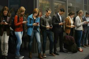 groupe de Jeune gens en utilisant leur les smartphones dans le rue. Urbain scène. ai généré pro photo