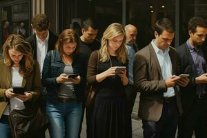 groupe de Jeune gens en utilisant leur les smartphones dans le rue. Urbain scène. ai généré pro photo