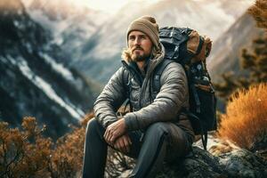 Beau barbu homme avec une sac à dos séance sur une Roche dans le montagnes. ai généré pro photo