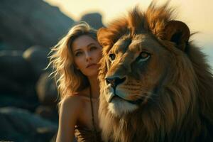 Lion et femme sur le Haut de le Montagne à le coucher du soleil. ai généré pro photo