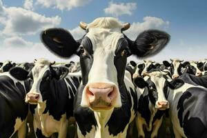 troupeau de noir et blanc vaches dans une rangée sur une cultiver. troupeau de vaches dans une Prairie sur une ensoleillé journée. ai généré pro photo