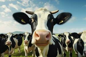 troupeau de noir et blanc vaches dans une rangée sur une cultiver. troupeau de vaches dans une Prairie sur une ensoleillé journée. ai généré pro photo