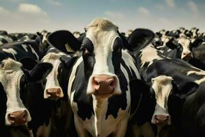 troupeau de noir et blanc vaches dans une rangée sur une cultiver. troupeau de vaches dans une Prairie sur une ensoleillé journée. ai généré pro photo