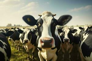 troupeau de noir et blanc vaches dans une rangée sur une cultiver. troupeau de vaches dans une Prairie sur une ensoleillé journée. ai généré pro photo