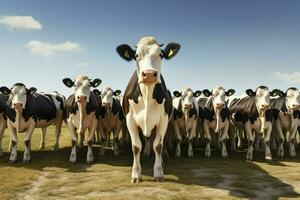 troupeau de noir et blanc vaches dans une rangée sur une cultiver. troupeau de vaches dans une Prairie sur une ensoleillé journée. ai généré pro photo