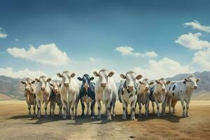 troupeau de noir et blanc vaches dans une rangée sur une cultiver. troupeau de vaches dans une Prairie sur une ensoleillé journée. ai généré pro photo