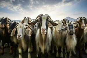 troupeau de blanc chèvres sur une cultiver. troupeau de chèvres sur une ferme dans le été. sélectif se concentrer. ai généré pro photo