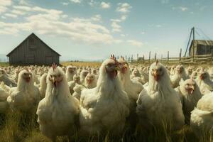 poulets sur traditionnel gratuit intervalle la volaille cultiver. poulets sur le cultiver. sélectif se concentrer. la nature. ai généré pro photo