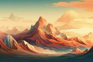 fantaisie paysage avec montagnes et des nuages. 3d illustration. numérique peinture. ai généré pro photo