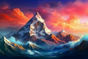 fantaisie paysage avec montagnes et des nuages. 3d illustration. numérique peinture. ai généré pro photo