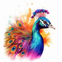 magnifique paon avec coloré plumes sur floral Contexte. coloré paon sur aquarelle éclaboussure Contexte. ai généré pro photo