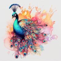 magnifique paon avec coloré plumes sur floral Contexte. coloré paon sur aquarelle éclaboussure Contexte. ai généré pro photo