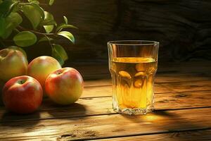 verre de Pomme jus et mûr pommes sur en bois table contre Naturel Contexte. ai généré pro photo