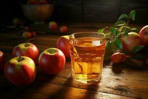 verre de Pomme jus et mûr pommes sur en bois table contre Naturel Contexte. ai généré pro photo