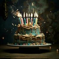 anniversaire gâteau avec brûlant bougies sur en bois Contexte. ai généré photo