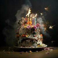 anniversaire gâteau avec brûlant bougies sur en bois Contexte. ai généré pro photo
