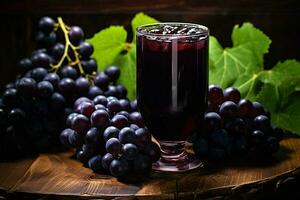 verre de rouge du vin avec les raisins sur une en bois table dans le vignoble. ai généré pro photo