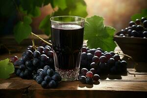 verre de rouge du vin avec les raisins sur une en bois table dans le vignoble. ai généré pro photo