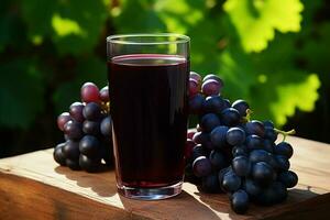 verre de rouge du vin avec les raisins sur une en bois table dans le vignoble. ai généré pro photo