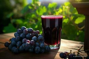 verre de rouge du vin avec les raisins sur une en bois table dans le vignoble. ai généré pro photo