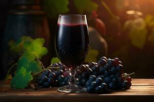 verre de rouge du vin avec les raisins sur une en bois table dans le vignoble. ai généré pro photo