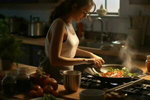 magnifique Jeune femme cuisine dans le cuisine à maison. en bonne santé nourriture concept. ai généré pro photo