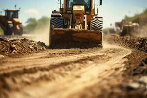 fermer de une bulldozer travail sur une route construction placer, construction concept. ai généré téléphone intelligent avec mise en charge câble sur le tableau. ai généré photo