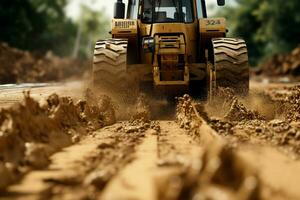 fermer de une bulldozer travail sur une route construction placer, construction concept. ai généré téléphone intelligent avec mise en charge câble sur le tableau. ai généré photo