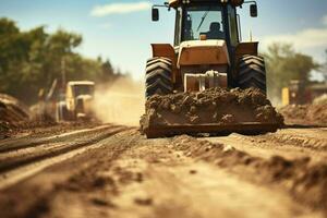 fermer de une bulldozer travail sur une route construction placer, construction concept. ai généré téléphone intelligent avec mise en charge câble sur le tableau. ai généré photo