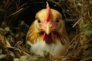 poulets dans le nid avec œufs, fermer. ai généré téléphone intelligent avec mise en charge câble sur le tableau. ai généré photo