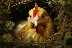 poulets dans le nid avec œufs, fermer. ai généré téléphone intelligent avec mise en charge câble sur le tableau. ai généré photo