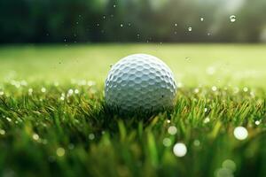 le golf Balle sur le vert herbe avec bokeh Contexte. ai généré pro photo
