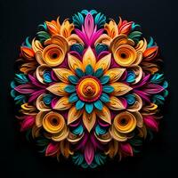 magnifique mandala fleur, coloré fractale mandala sur noir Contexte. psychédélique numérique art. 3d le rendu. ai généré pro photo