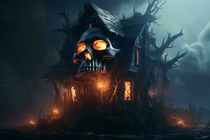 terrifiant Halloween Contexte avec hanté maison et Humain crâne. Halloween concept. effrayant effrayant maison à nuit avec une brûlant crâne. ai généré pro photo