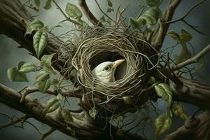 oiseau dans le nid sur le arbre. 3d le rendu. ancien style. ai généré pro photo