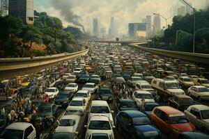 aérien vue de circulation confiture sur le route dans shanghaï, Chine . ai généré pro photo