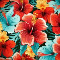 tropical hibiscus fleurs et paume feuilles Contexte. ai généré gratuit photo