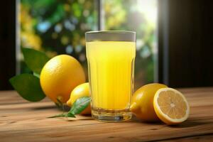 citron jus dans une verre avec Frais citrons sur une en bois tableau. ai généré gratuit photo