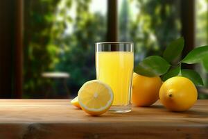 citron jus dans une verre avec Frais citrons sur une en bois tableau. ai généré gratuit photo