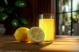 citron jus dans une verre avec Frais citrons sur une en bois tableau. ai généré gratuit photo