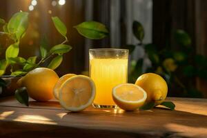 citron jus dans une verre avec Frais citrons sur une en bois tableau. ai généré gratuit photo