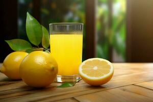 citron jus dans une verre avec Frais citrons sur une en bois tableau. ai généré gratuit photo