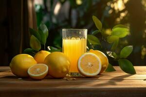 citron jus dans une verre avec Frais citrons sur une en bois tableau. ai généré gratuit photo