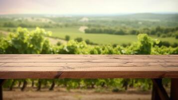 vide en bois table pour produit afficher, primé produit afficher, français jardin flou dans le arrière-plan.génératif ai. photo