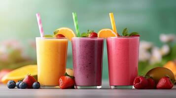 ensemble de fruit smoothies, en bonne santé fruit et légume smoothies.génératifs ai. photo