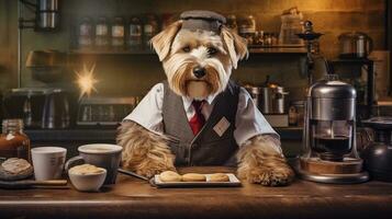 chien habillé barista portion café dans le café boutique.générative ai. photo