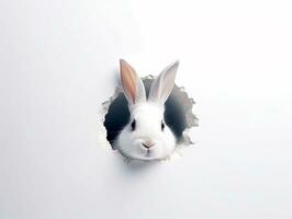 lapin coups d'oeil en dehors trou dans le blanc mur avec coloré Pâques oeuf.génératif ai. photo