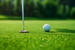 golfeur en mettant le golf Balle sur le vert le golf avec bleu ciel.génératif ai. photo